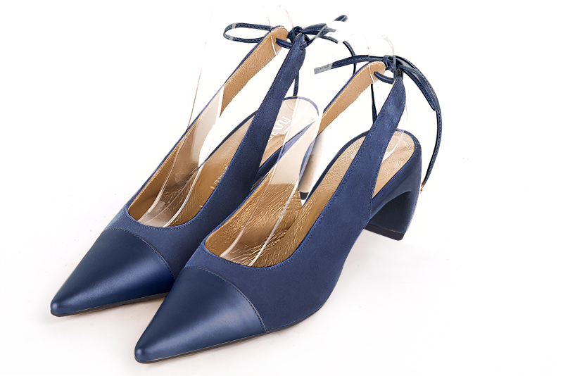 Prussian blue women's slingback shoes. Pointed toe. Medium comma heels. Front view - Florence KOOIJMAN